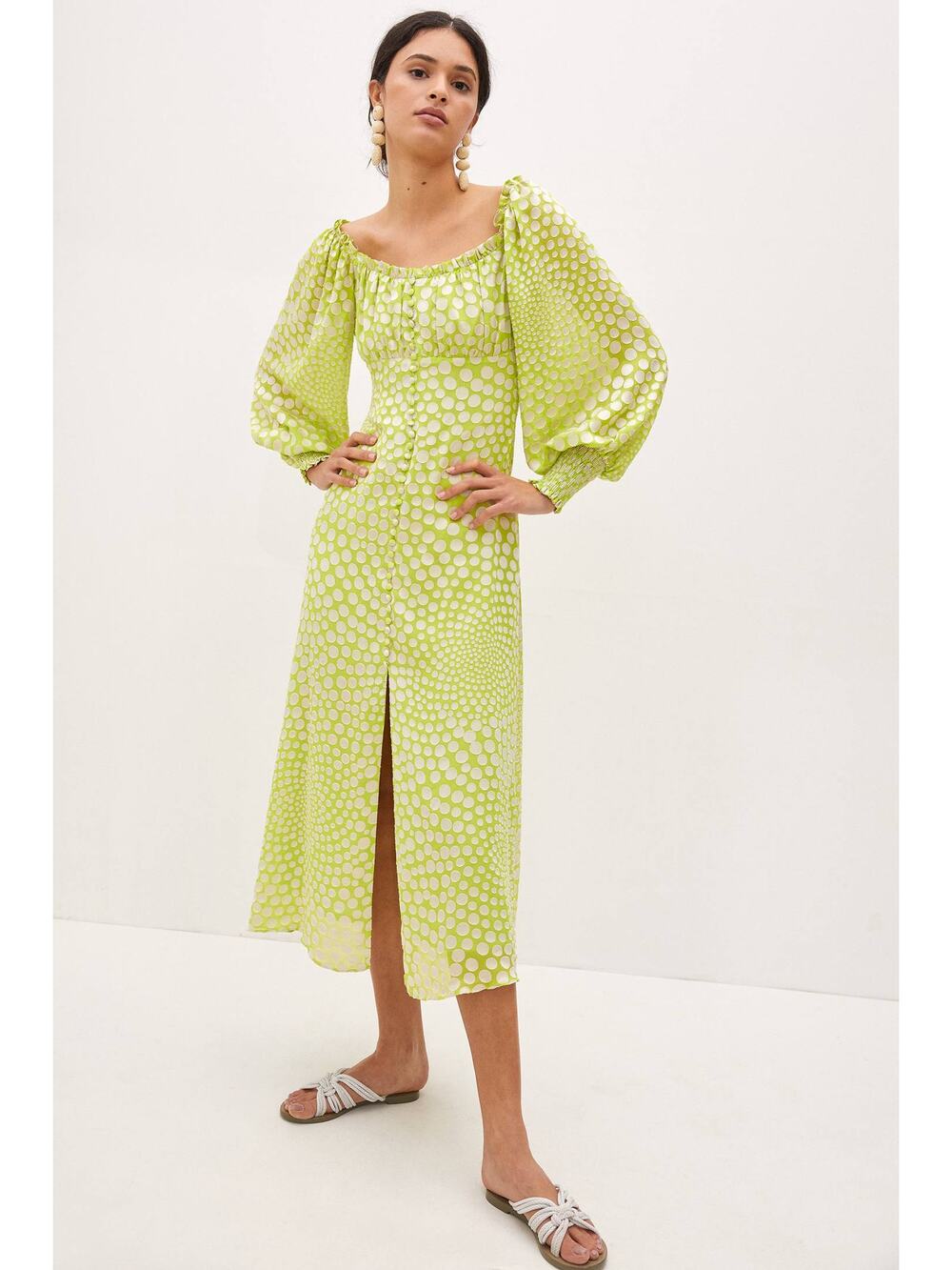 New Anthropologie EXQUISE Meryl Long Sleeve Midi Dress $218 MEDIUM Light Green